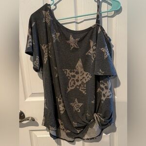 Gray Star Patterned Top Cold shoulder Sz L/XL